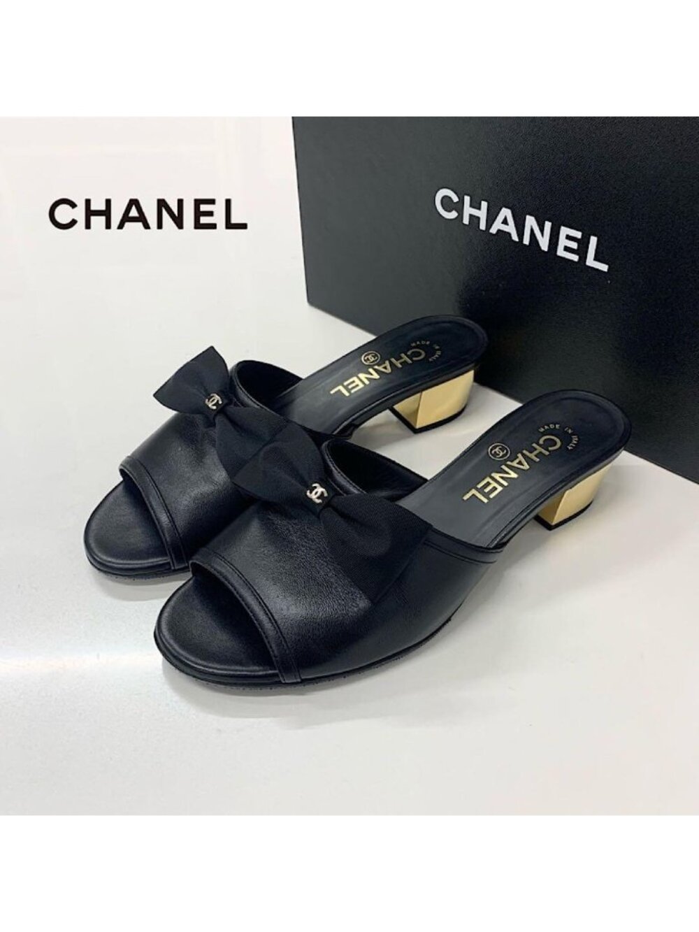 Chanel CC Logo Leather Ribbon Sandals Black - Picture 1 of 11